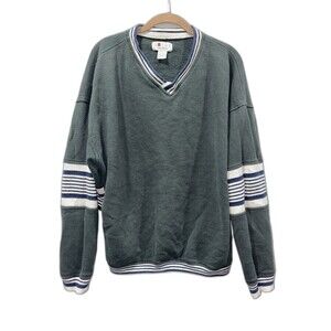 VTG Oversized Oxide Sportswear Textured Cotton V Neck Sweater Blue Striped L